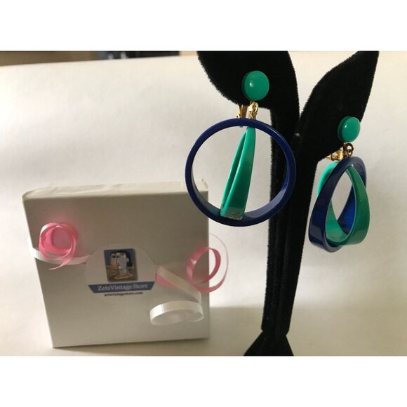 Vtg 1960's Mod Dangle Drop 2 Concentric Circles Clip On Earrings Deep Blue Turq - Picture 1 of 8
